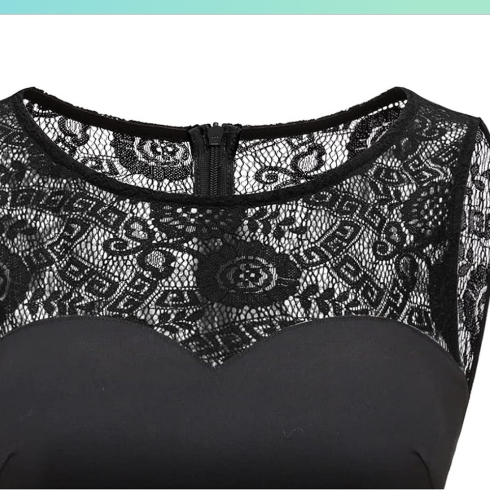 Black Lace Fit-and-Flare Midi Dress with Red Trim - Picture 6 of 11